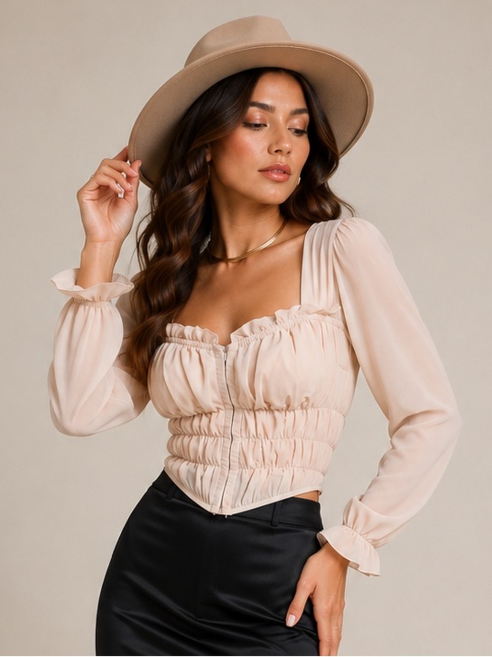 Women's Ruching Square Neck Corset Style Blouse - Cream